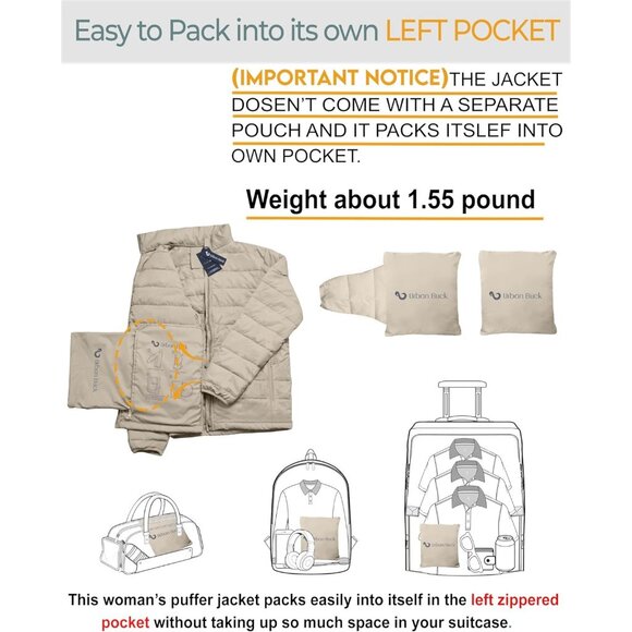 Women's Puffer Jacket Hood 32 Degree Quilted Winter Puff Foldable Jacket Beige - Picture 5 of 7